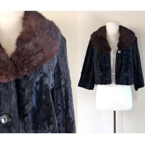 Vintage 1950s Black Persian Lamb Swing Jacket Brown Mink Fur Collar Coat Size M